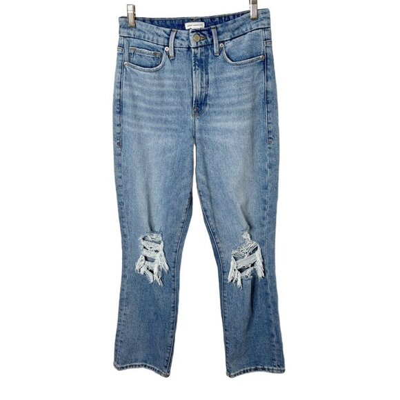 Good American Good Boy Destructed Womens Jeans 2/26 Distressed Indigo Light Wash - Picture 1 of 8